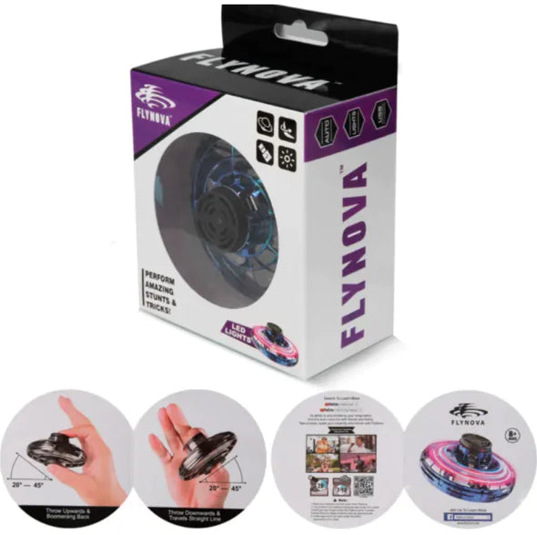 LED Flying Spinner Toy packaging with vibrant graphics and instructions for use, showcasing a fidget spinner designed for fun.