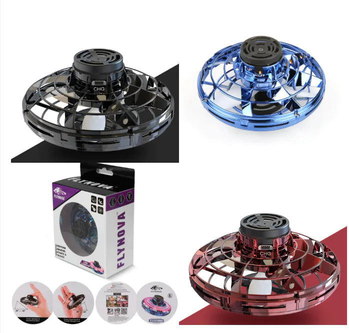 LED Flying Spinner Toy in black, blue, and red with packaging showcasing its hovering capabilities.