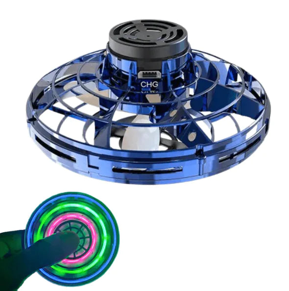 LED Flying Spinner Toy in blue, showcasing vibrant lights and miniature UFO design, ideal fidget spinner for adults and kids.