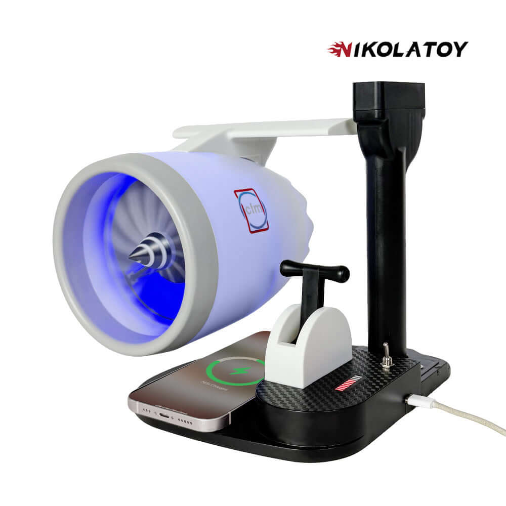 Upgraded desktop fan with jet engine design, wireless charging, LED lights, and mist mode for refreshing summer cooling.