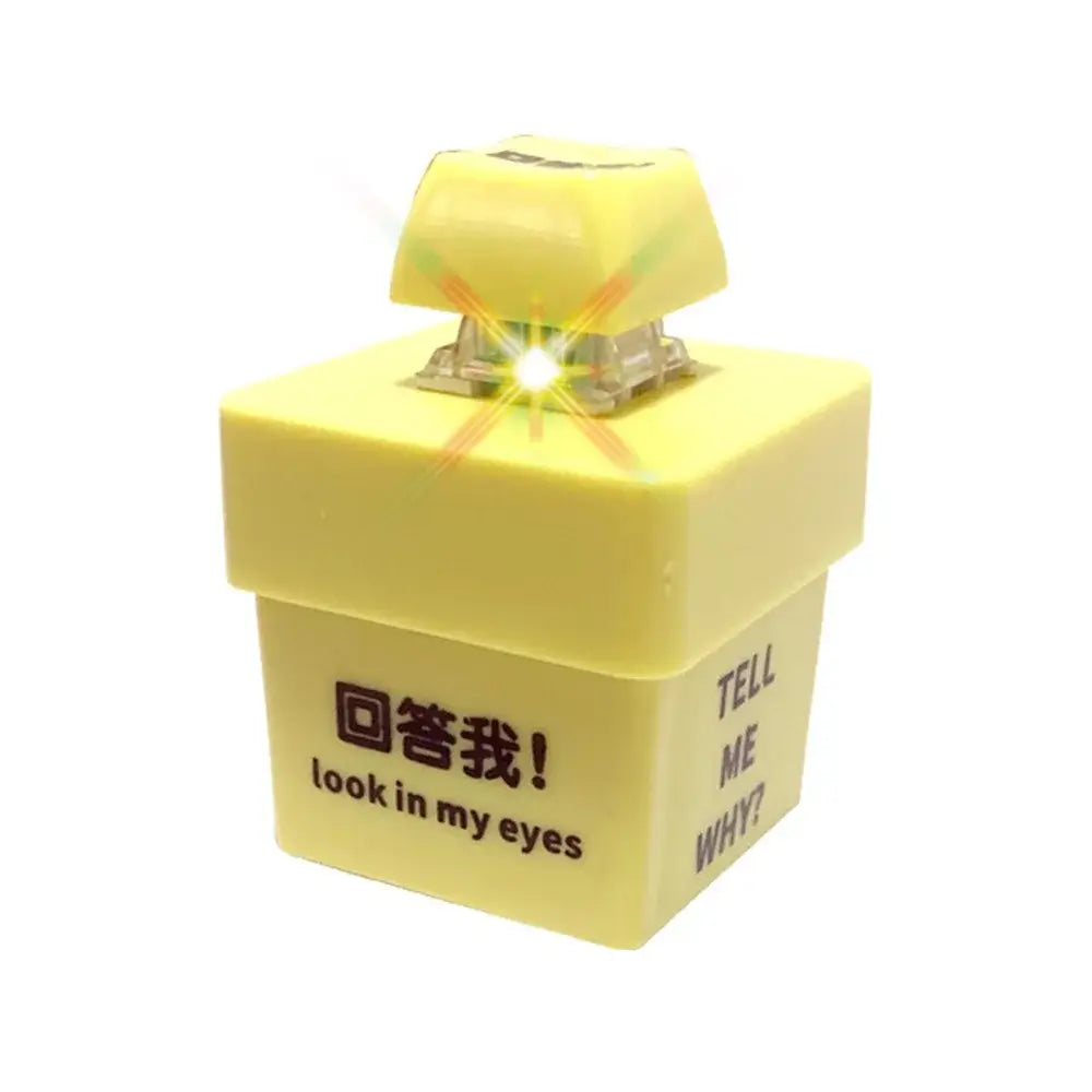 LOOKMYEYES™ meme voice stress toy simulator in yellow, featuring LED lights and humorous quotes.