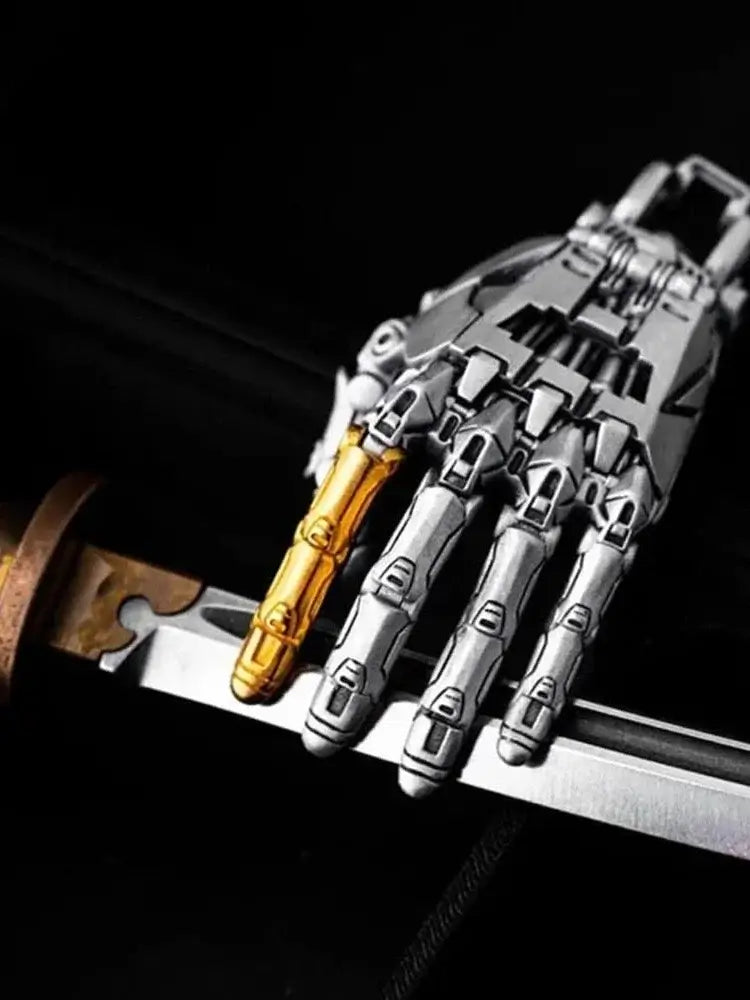 5cm robotic bionic hand display with movable fingers, metallic design, and intricate craftsmanship on a sword.