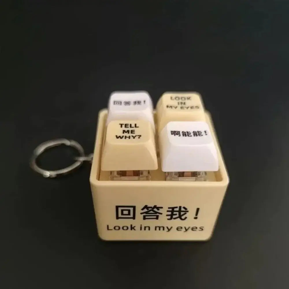 LOOKMYEYES™ Meme Voice Stress Toy Simulator with keychain featuring famous quotes like 'Look in my eyes' and 'Tell me why'.