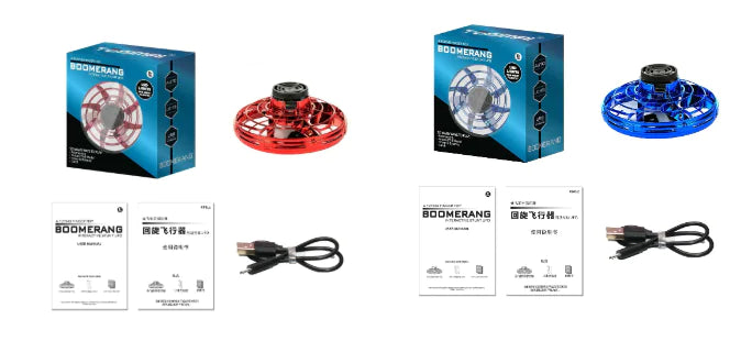 LED Flying Spinner Toy in red and blue packaging with USB cable and manuals, designed for fun and fidgeting.