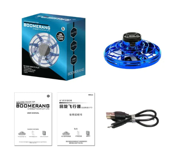 LED Flying Spinner Toy, interactive mini drone with glowing lights, user manual and USB cable included.