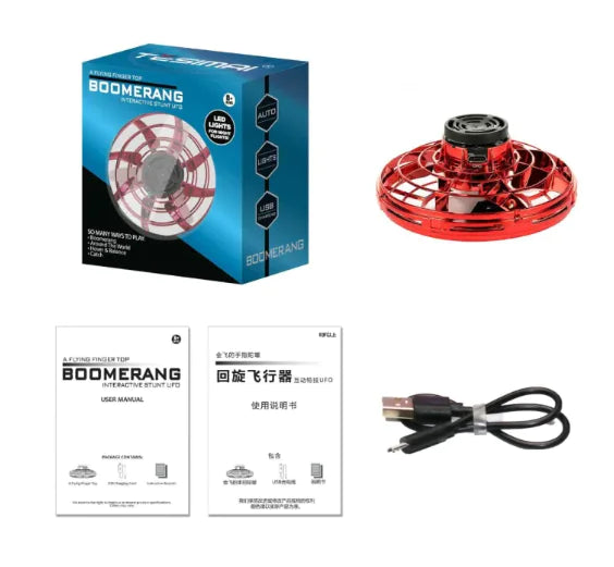 LED Flying Spinner Toy with user manual and USB cable, perfect for kids and adults seeking fun and interactive play.