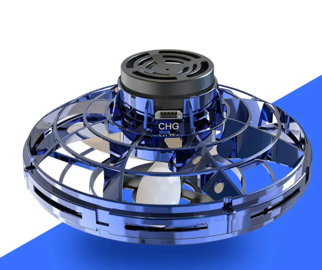 Close-up of LED Flying Spinner Toy showing blue design and charging port, perfect for fidgeting and flying fun.