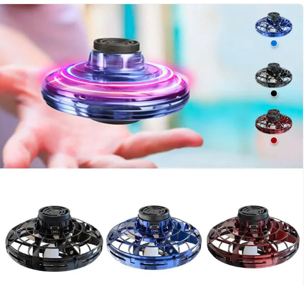 LED Flying Spinner Toy in action, showcasing colors and styles of EDC fidget spinners for kids and adults.